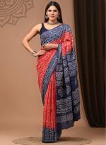 Blue Red Cotton Mul Sarees Party Wear Digital Printed Saree