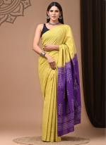 Yellow Purple Cotton Mul Sarees Party Wear Digital Printed Saree