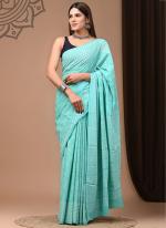 Sky Blue Cotton Mul Sarees Party Wear Digital Printed Saree