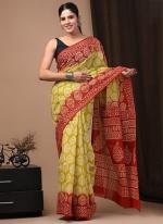 Yellow Red Cotton Mul Sarees Party Wear Digital Printed Saree