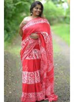 Red Linen Party Wear Digital Printed Saree