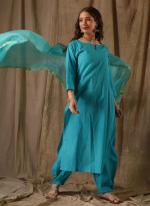 Sky Blue Heavy Cotton Festival Wear Plain Readymade Kurti With pant And Dupatta