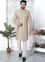 Peach Jaquard Silk Party Wear Pattern Pc Work Readymade Mens Indo Western