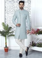 Sky Blue Jaquard Silk Party Wear Pattern Pc Work Readymade Mens Indo Western