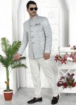 Light Grey Imported Jaquard Silk Party Wear Pattern Pc Work Readymade Mens Jacket