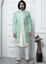 Green Jaquard Silk Party Wear Pattern Pc Work Readymade Mens Indo Western