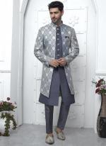 Grey Jaquard Silk Party Wear Pattern Pc Work Readymade Mens Indo Western