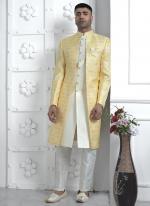 Yellow Jaquard Silk Party Wear Pattern Pc Work Readymade Mens Indo Western