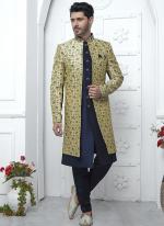 Beige Blue Jaquard Silk Party Wear Pattern Pc Work Readymade Mens Indo Western