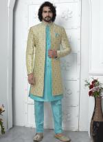 Beige Pista Green Jaquard Silk Party Wear Pattern Pc Work Readymade Mens Indo Western