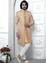 Orange Jaquard Silk Party Wear Pattern Pc Work Readymade Mens Indo Western