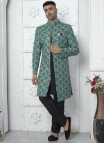 Teal Green Jaquard Silk Party Wear Pattern Pc Work Readymade Mens Indo Western