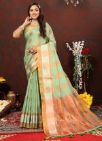 Green Soft Cotton Party Wear Zari Work Saree