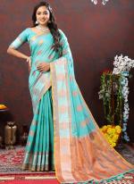 Sky Blue Soft Cotton Party Wear Zari Work Saree