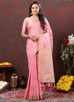 Pink Soft Cotton Party Wear Zari Work Saree