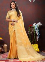 Yellow Soft Cotton Party Wear Zari Work Saree