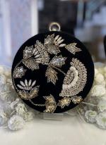   Party Wear  Black Embroidered Round Shape Clutch For Women