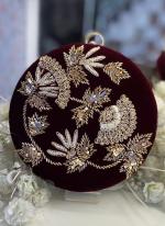   Party Wear  Maroon Embroidered Round Shape Clutch For Women