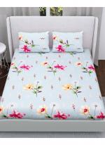 Cotton Peach  Floral Print Light Blue Nandani Joy (100*108) Pure Cotton Printed Double Bed Sheet