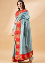 Silk Blue Party Wear Embroidery Work Saree