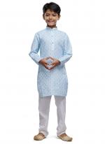 Cotton Sky Blue Festival Wear Digital Printed Kids Kurta With Pant