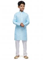 Cotton Sky Blue Festival Wear Digital Printed Kids Kurta With Pant