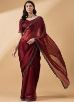 Organza Brown Party Wear Swaroski Work Saree