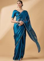 Organza Teal Party Wear Swaroski Work Saree