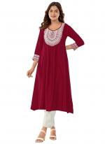 Rayon Maroon Office Wear Embroidery Work Readymade Kurti