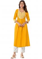 Rayon Yellow Office Wear Embroidery Work Readymade Kurti