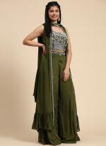 Pure Chinnon Mehendi Green Party Wear Embroidery Work Readymade Indo Western