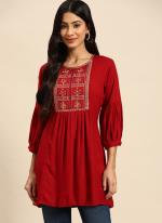 Rayon Red Festival Wear Embroidery Work Readymade Kurti