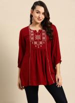 Rayon Red Festival Wear Embroidery Work Readymade Kurti