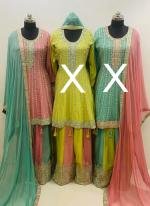 Chiffon Pink Wedding Wear Embroidery Work Readymade Sharara Suit
