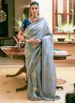 Pure Dola Silk Sky Blue Traditional Wear Embroidery Work Saree