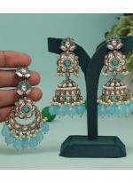   Wedding Wear  Sky Blue Color Kundan Earrings With Maang Tikka