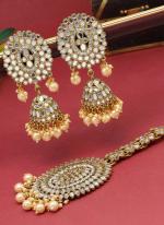   Wedding Wear  Gold Color Mirror Kundan Earrings With Maang Tikka