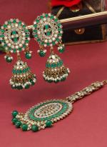   Wedding Wear  Green Color Mirror Kundan Earrings With Maang Tikka