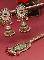   Wedding Wear  Maroon Color Mirror Kundan Earrings With Maang Tikka