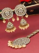   Bridal Wear  Gold Color Mirror Kundan Earrings With Maang Tikka