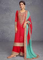 Chinnon Silk Red Traditional Wear Sequins Work Readymade Plazzo Suit