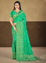 Silk Teal Traditional Wear Zari Work Saree