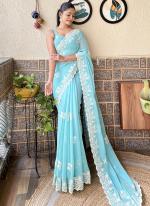 Shimmer Silk Sky Blue Party Wear Thread Work Saree