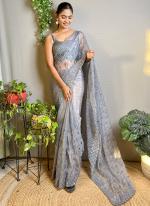 Crystal Silk Grey Party Wear Sequins Work Saree