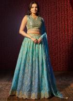 Organza Blue Party Wear Printed Lehenga Choli