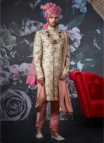 Beige Banarasi Silk Wedding Wear Embroidery Work Sherwani