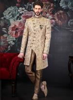 Beige Jacquard Wedding Wear Embroidery Work Indowestern Sherwani