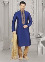 Stylish Casual Wear Blue Banarasi Silk Embroidery Work Kurta Pajama