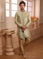 Latest Weaving Jacqaurd Cream Wedding Wear Indowestern Sherwani