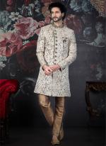 Cream Jacquard Wedding Wear Embroidery Work Indowestern Sherwani